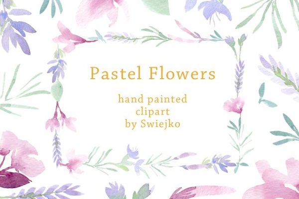 美丽浪漫的粉笔彩绘花卉树叶元素 Pastel Floral Set