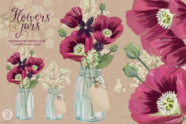 手绘水彩罂粟花元素插画素材 Watercolor burgundy poppies in a jar缩略图 手绘水彩罂粟花元素插画素材 Watercolor burgundy poppies in a jar