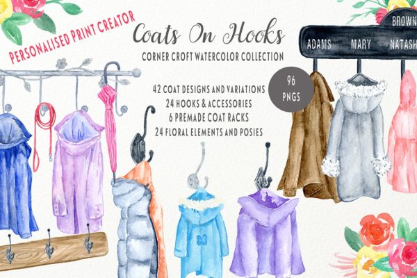 手绘水彩卫衣外套剪贴画合集 Coats and Hooks Print Creator