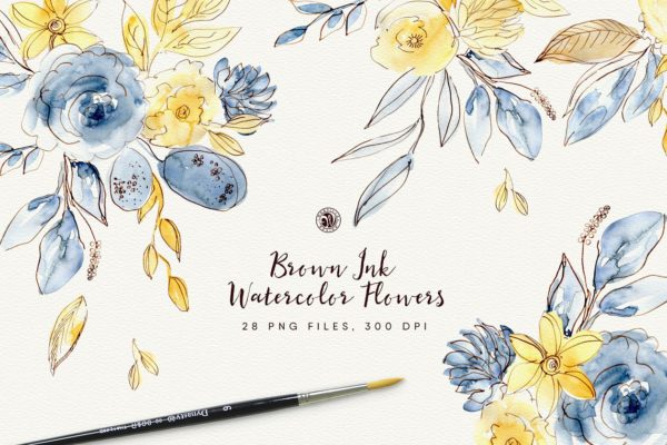 棕色油墨手绘水彩花卉元素 Brown Ink Watercolor Flowers缩略图 棕色油墨手绘水彩花卉元素 Brown Ink Watercolor Flowers