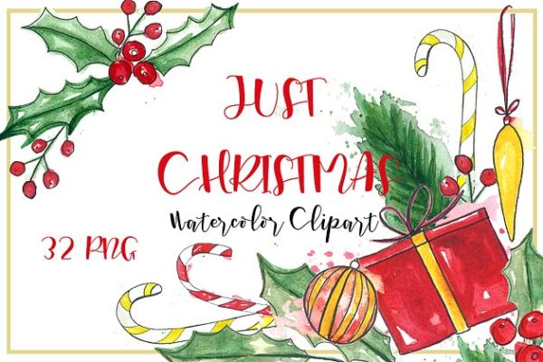 冬季圣诞节日主题素描剪贴画 Christmas sketch. Watercolor