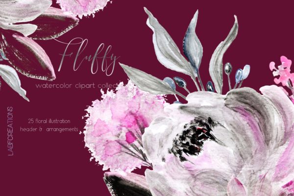 毛茸茸的水彩花卉元素 Fluffy. Watercolor floral clipart