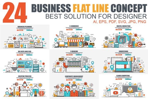 电子商务扁平概念矢量设计模板 Flat Line Color Concepts