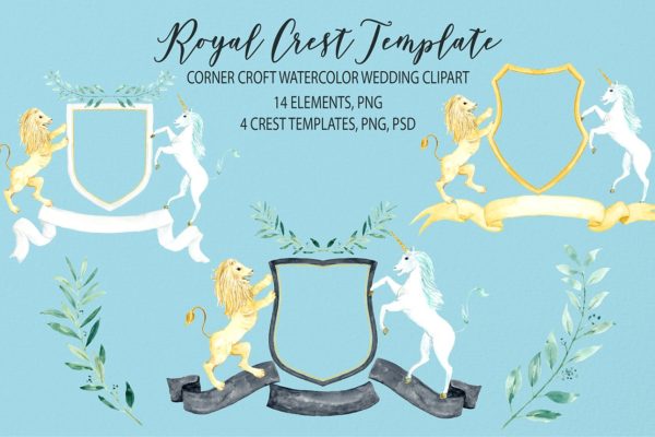 水彩皇家婚礼徽章剪贴画 Watercolor Royal Crest Template缩略图 水彩皇家婚礼徽章剪贴画 Watercolor Royal Crest Template