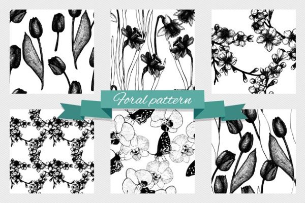 复古墨水手绘无缝花卉图案 Floral Pattrens Collection