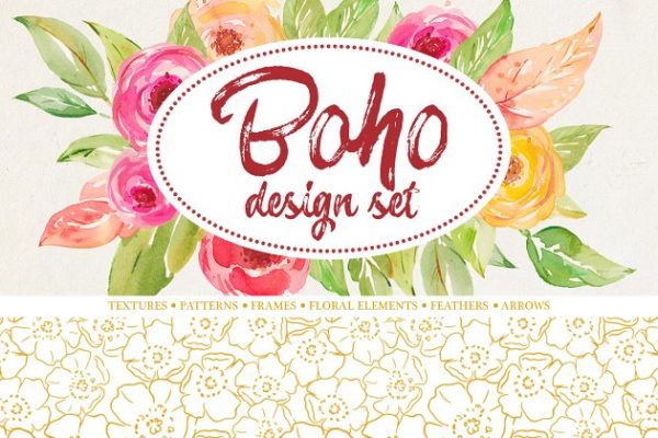 波西米亚风手绘水彩插画 Boho watercolor set缩略图 波西米亚风手绘水彩插画 Boho watercolor set