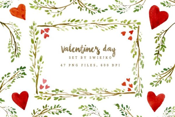 情人节手绘水彩装饰边框剪贴画 Valentine’s day frames and borders