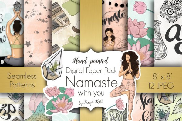 瑜伽经典合十礼动作数字纸张插画设计 Namaste Digital Paper Pack