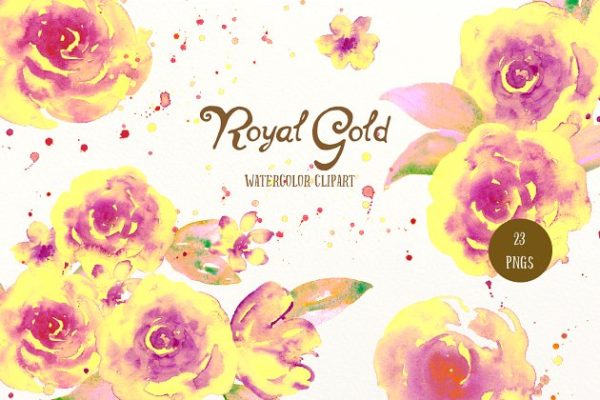 水彩黄紫渐变色玫瑰剪贴画 Watercolor  Royal Gold