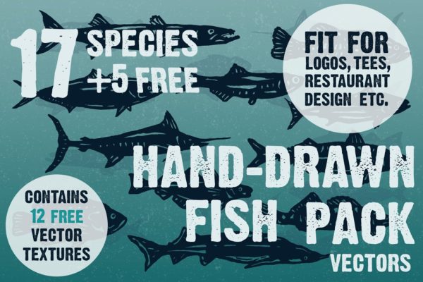 复古单色海洋&河流鱼类印刷插图 Hand-drawn fish vectors