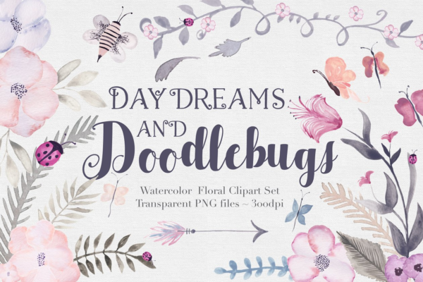梦幻水彩手绘艺术花卉树叶插画 Doodlebug Clipart Set