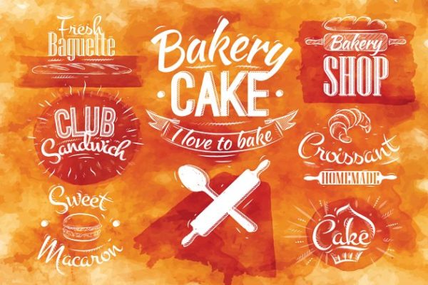 复古手绘面包店烘焙符号设计插画 Bakery characters retro