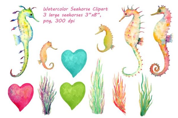 手绘海洋生物水彩海马插画 Watercolor Seahorse Clipart缩略图 手绘海洋生物水彩海马插画 Watercolor Seahorse Clipart