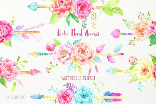 波西米亚水彩牡丹插画 Watercolor Boho Peony Arrow