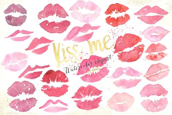 情人节手绘水彩唇印艺术数字剪贴画 Kisses. Valentine watercolor clipart缩略图 情人节手绘水彩唇印艺术数字剪贴画 Kisses. Valentine watercolor clipart