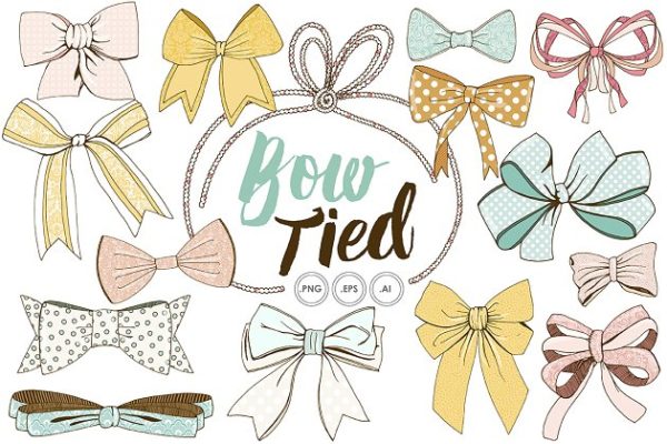 柔和色调系列手绘蝴蝶结丝带剪贴画 Tied Bow Clip Art Hand-Drawn Ribbon