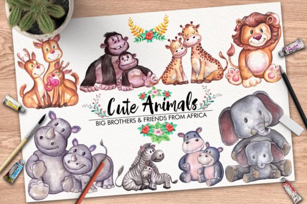 可爱动物水彩手绘剪贴画合集 Cute Animals
