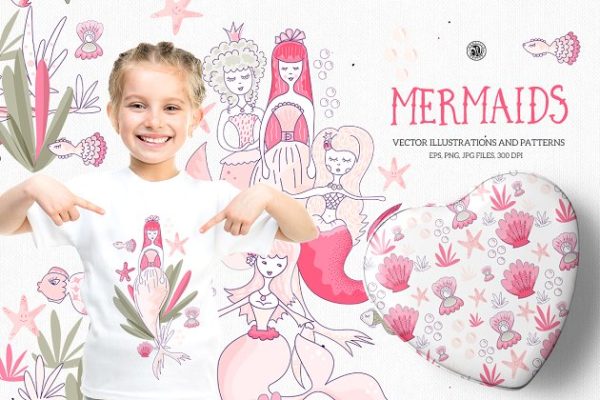 儿童产品素材粉红色美人鱼矢量剪贴画 Mermaids