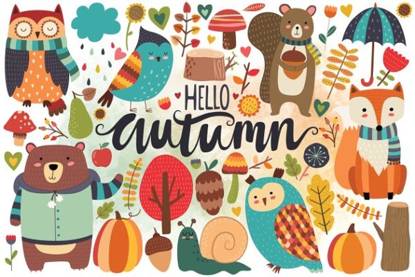 秋天森林动物手绘剪贴画合集 Autumn Woodland Clipart Bundle