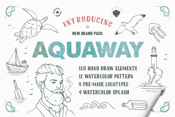 海洋主题水彩矢量插图设计套装 AquaWay — watercolored vector pack缩略图 海洋主题水彩矢量插图设计套装 AquaWay — watercolored vector pack