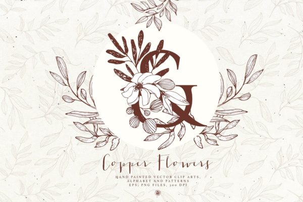 古铜色花卉字母插画套装缩略图 古铜色花卉字母插画套装