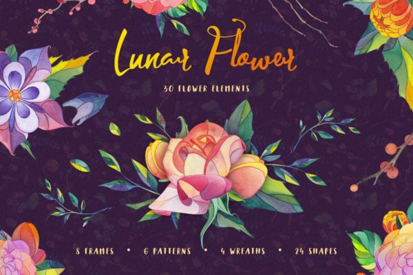 月球花水彩矢量图形插图套装 Lunar Flower Watercolor Graphic Kit