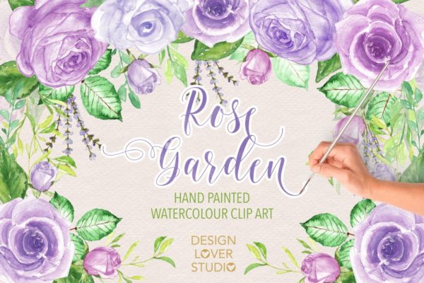 紫色花园水彩画设计套装 Watercolor “Purple Garden” design