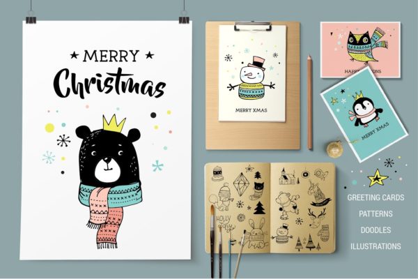 斯堪纳维亚风格快乐圣诞涂鸦元素手绘插画 Merry Christmas greetings & doodles