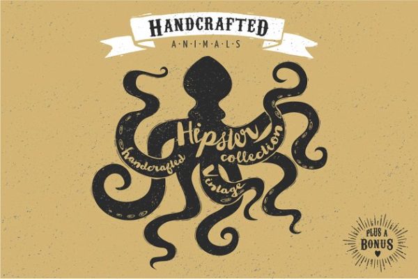 复古设计风格手绘动画插画素材 Vintage hand drawn animals set