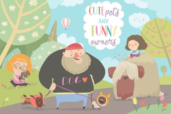卡通动漫人物&动物形象矢量插图 Funny owners walking with their cute pets. Vector缩略图 卡通动漫人物&动物形象矢量插图 Funny owners walking with their cute pets. Vector