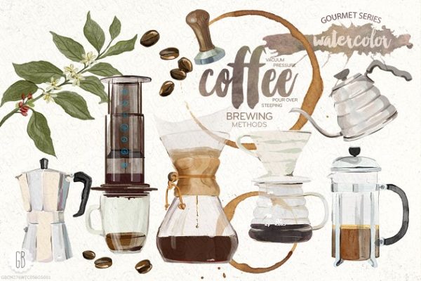 水彩设计风格咖啡主题插画 Watercolor coffee brewing methods缩略图 水彩设计风格咖啡主题插画 Watercolor coffee brewing methods