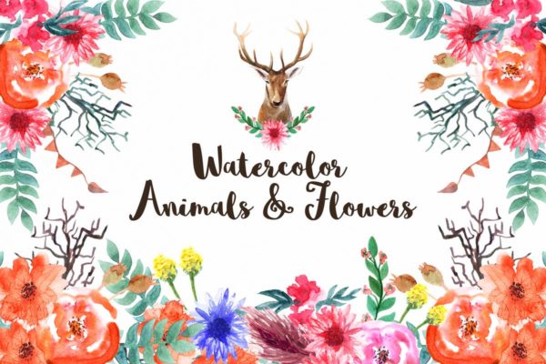 动物&花卉水彩元素插画套装 Watercolor Animals & Flowers缩略图 动物&花卉水彩元素插画套装 Watercolor Animals & Flowers