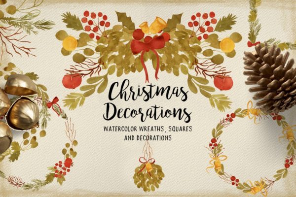 圣诞装饰品水彩元素剪贴画素材 Watercolor Christmas Decorations