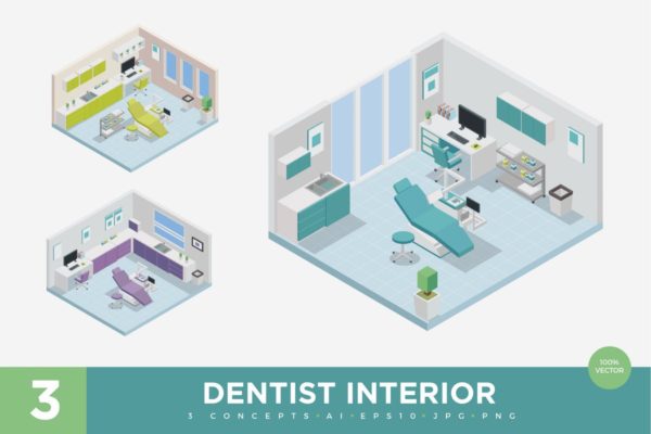 3款牙医诊所场景等距矢量插画 3 Isometric Dental Clinic Interior Vector Set 1缩略图 3款牙医诊所场景等距矢量插画 3 Isometric Dental Clinic Interior Vector Set 1