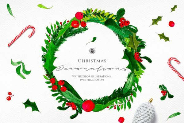 圣诞装饰绿色花环水彩插画素材 Watercolor Christmas Decorations