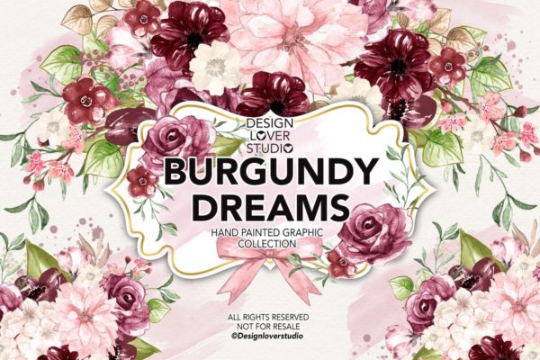 酒红色水彩花卉剪贴画设计套装 Watercolor BURGUNDY DREAMS design