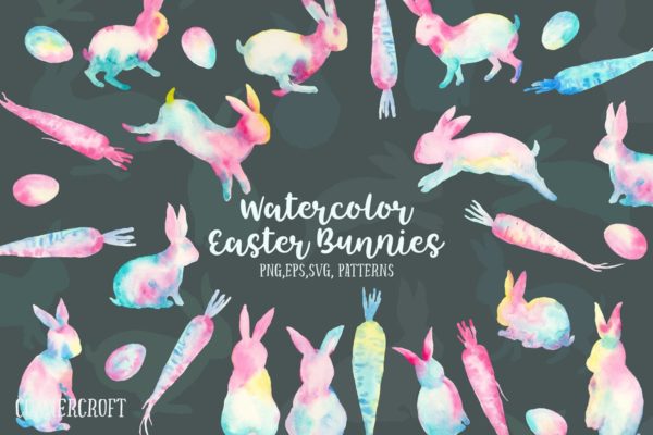 复活节兔子水彩矢量图案设计套装 Watercolor Easter Bunnies Design Kit