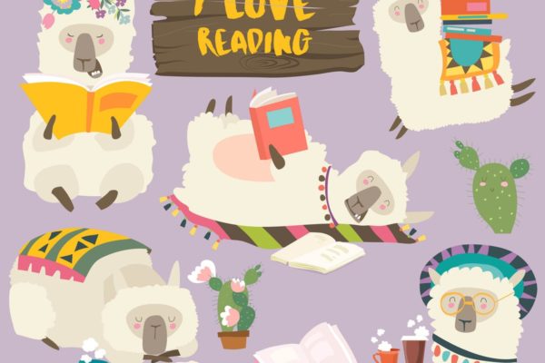 可爱的读书的骆驼羊驼卡通形象矢量插画 Funny cartoon llamas alpaca reading books. Vector缩略图 可爱的读书的骆驼羊驼卡通形象矢量插画 Funny cartoon llamas alpaca reading books. Vector