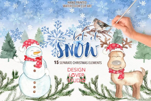 圣诞节主题雪人/麋鹿水彩插画设计素材 Watercolor “Let it snow” design