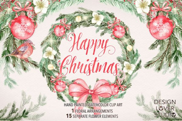 圣诞节主题水彩插画设计套装 Watercolor “Happy Christmas” design