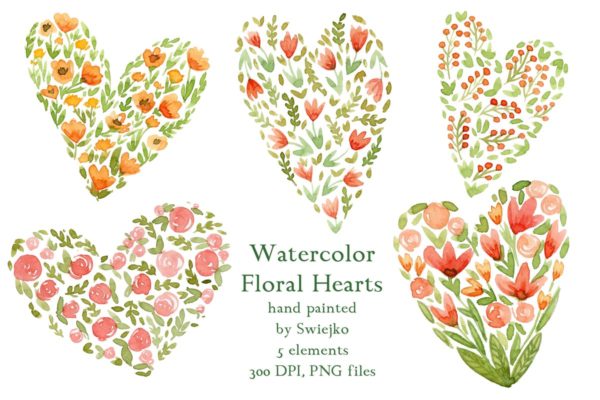 爱心花卉水彩插画素材 Watercolor Floral Hearts
