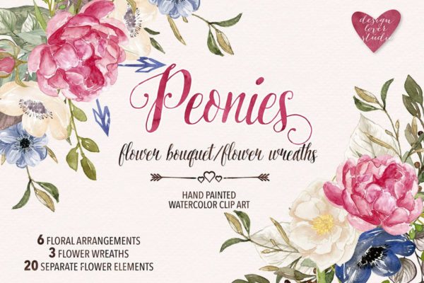 牡丹花环/花束水彩手绘插画剪贴画素材 Watercolor Peonies wreaths/bouquets缩略图 牡丹花环/花束水彩手绘插画剪贴画素材 Watercolor Peonies wreaths/bouquets