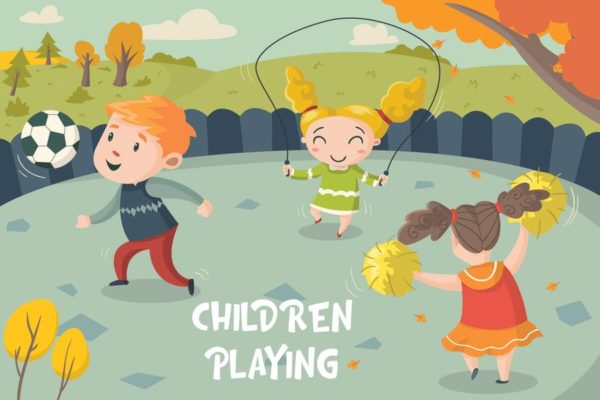儿童乐园手绘插画设计素材 Children Playing – Vector Illustration
