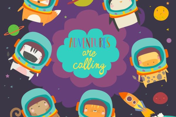 卡通动物太空员手绘插画素材 Cute animals in space. Funny animals wearing space缩略图 卡通动物太空员手绘插画素材 Cute animals in space. Funny animals wearing space