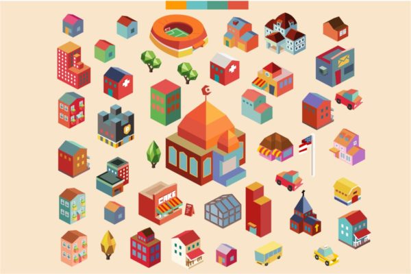 多彩等距离建筑建筑物场景矢量插画v5 Colorful vector isometric buildings缩略图 多彩等距离建筑建筑物场景矢量插画v5 Colorful vector isometric buildings