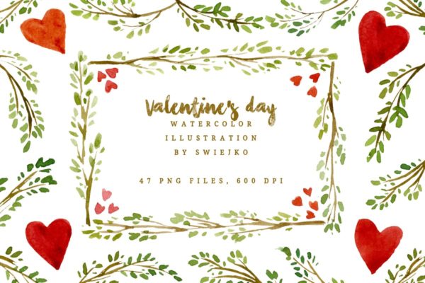 情人节手绘水彩叶子插画套装 Watercolor Valentine Illustration