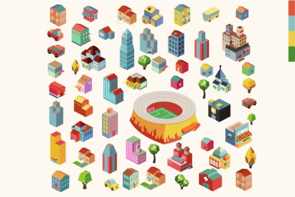 多彩等距城市场景矢量插画v1 Colorful vector isometric city
