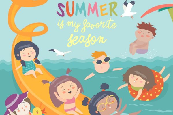 儿童水水乐园主题矢量插画素材 Vector design of kids playing waterpark
