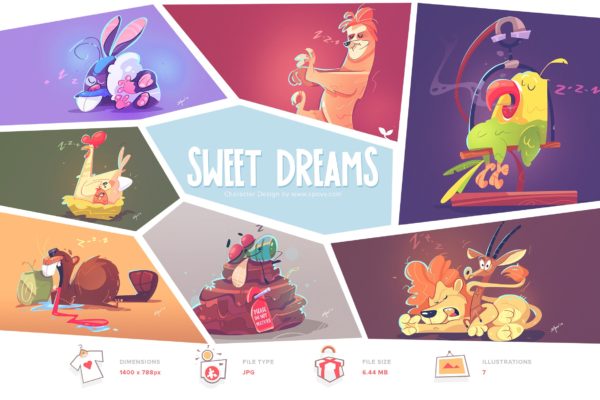 关于梦想主题卡通动物形象手绘矢量插画素材 Sweet Dreams缩略图 关于梦想主题卡通动物形象手绘矢量插画素材 Sweet Dreams