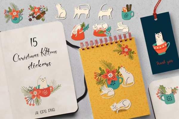 圣诞主题小猫动物贴纸/剪纸图案素材 Christmas Kittens Stickers